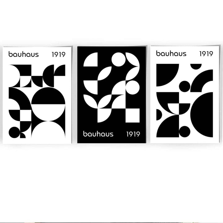 Bauhaus Style Graphic Black-White Geometric Set of 3 Wall Art Prints | Bowlift