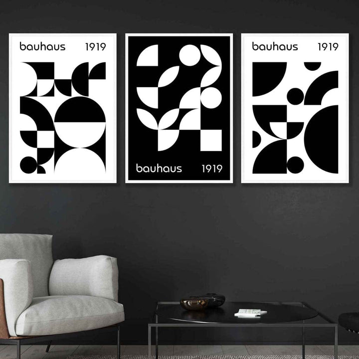 Bauhaus Style Graphic Black and White Geometric Set of 3 Framed Wall Art Prints | Bowlift