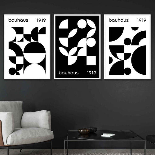 Bauhaus Style Graphic Black and White Geometric Set of 3 Framed Wall Art Prints | Bowlift