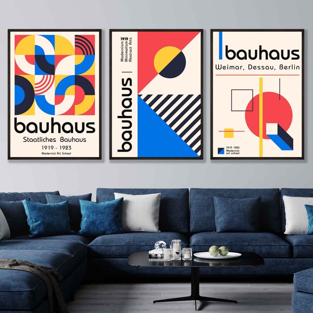 Bauhaus Red Blue & Yellow Geometric Set of 3 Wall Art Prints | Bowlift