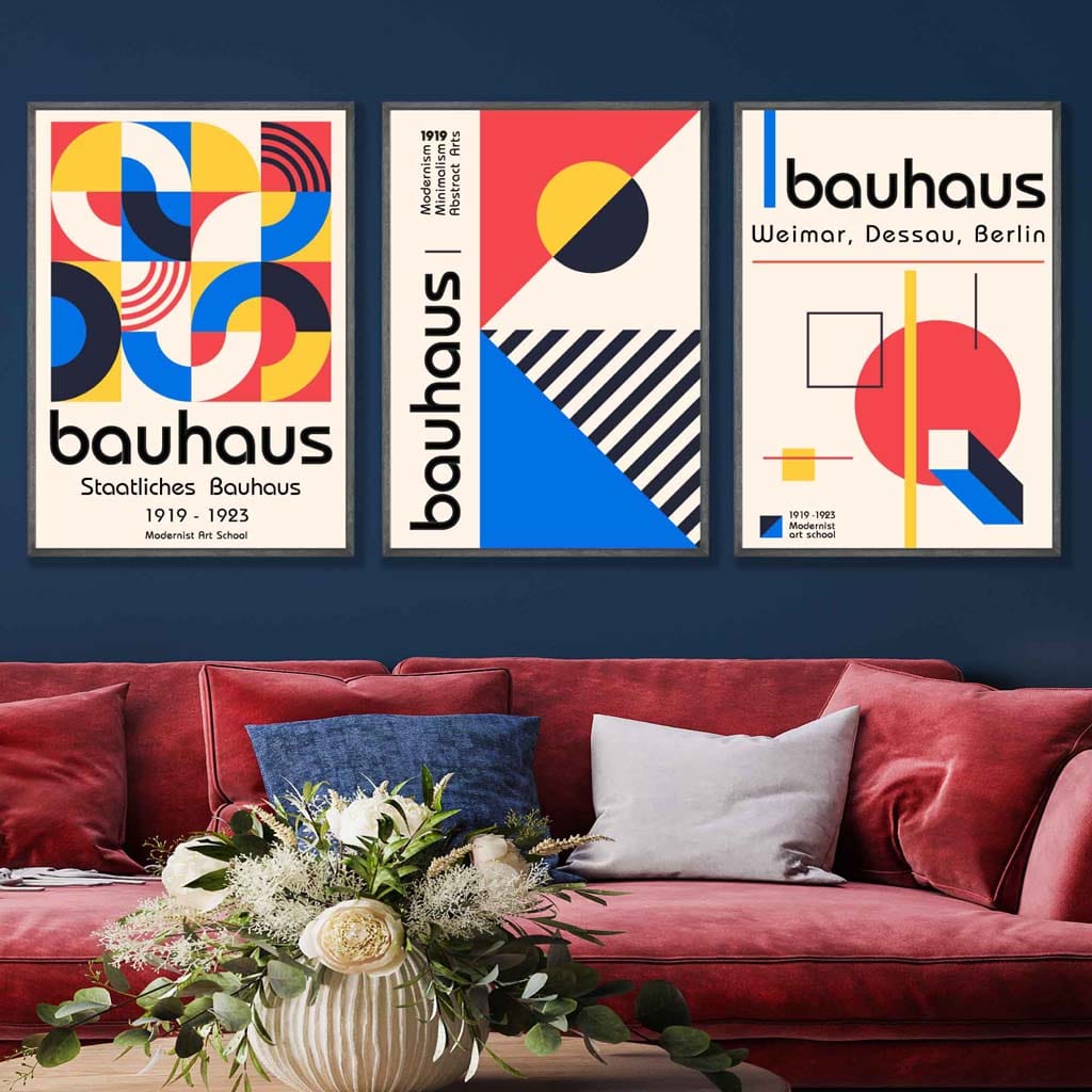 Bauhaus Red Blue & Yellow Geometric Set of 3 Wall Art Prints | Bowlift
