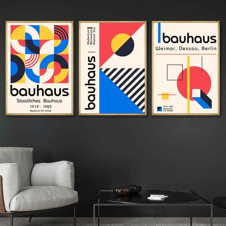 Bauhaus Red Blue & Yellow Geometric Set of 3 Wall Art Prints | Bowlift