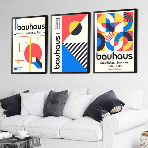 Bauhaus Red Blue & Yellow Geometric Set of 3 Framed Wall Art Prints | Bowlift