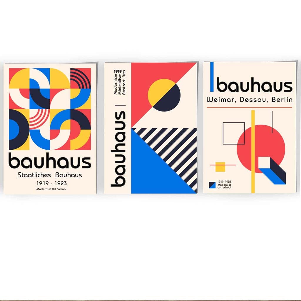 Bauhaus Red Blue & Yellow Geometric Set of 3 Wall Art Prints | Bowlift