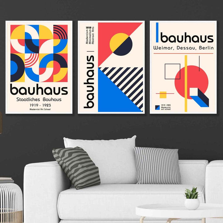 Bauhaus Red Blue & Yellow Geometric Set of 3 Wall Art Prints | Bowlift