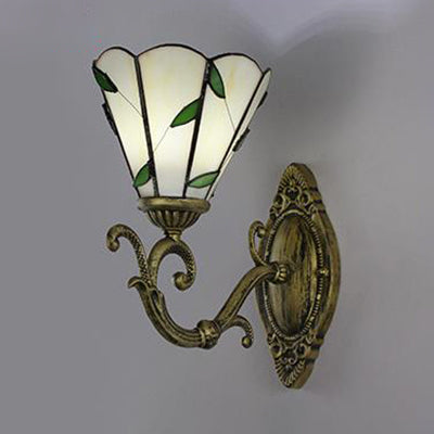 BowLift | Conic Wall Light with Stained Glass 1 Head Vintage Wall Lighting in White/Green for Hallway