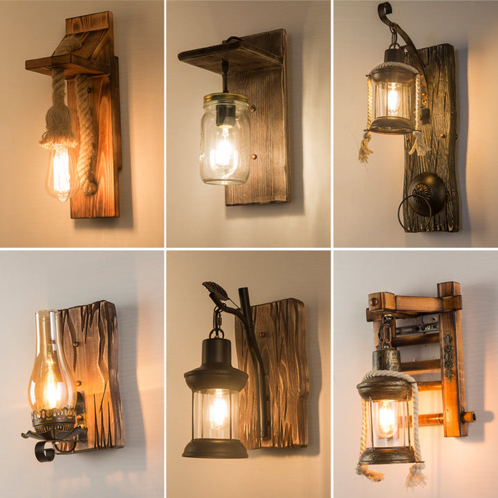 BowLift | Wooden Brown Wall Lamp Geometrically Designed Country Style Wall Sconce for Hallway