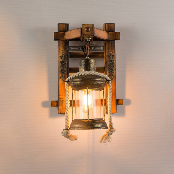 BowLift | Wooden Brown Wall Lamp Geometrically Designed Country Style Wall Sconce for Hallway