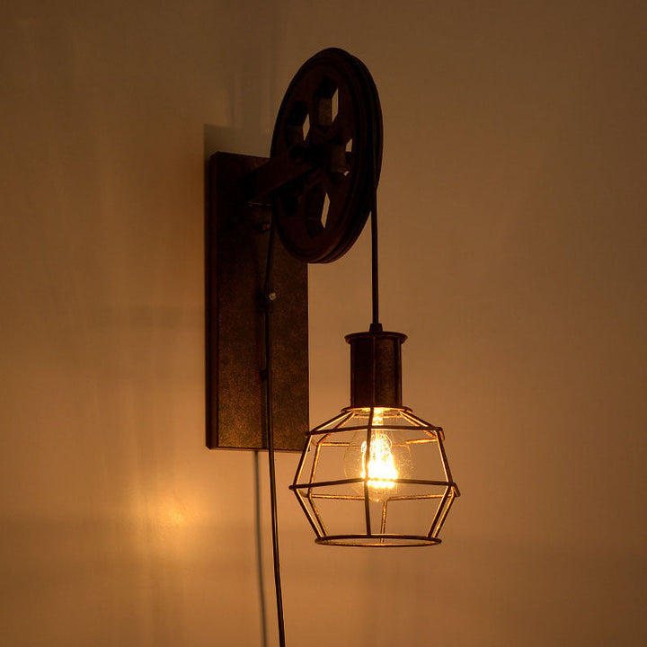 BowLift | Spherical Wire Cage Foyer Wall Lamp Rustic Iron 1-Light Bedroom Wall Mount Lamp with Pulley