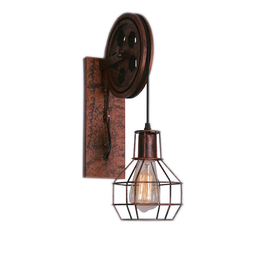 BowLift | Spherical Wire Cage Foyer Wall Lamp Rustic Iron 1-Light Bedroom Wall Mount Lamp with Pulley