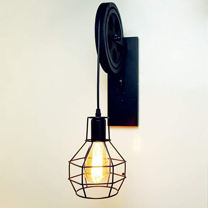 BowLift | Spherical Wire Cage Foyer Wall Lamp Rustic Iron 1-Light Bedroom Wall Mount Lamp with Pulley