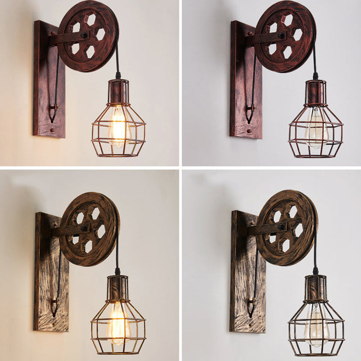 BowLift | Spherical Wire Cage Foyer Wall Lamp Rustic Iron 1-Light Bedroom Wall Mount Lamp with Pulley