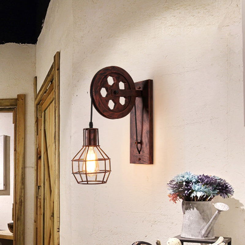 BowLift | Spherical Wire Cage Foyer Wall Lamp Rustic Iron 1-Light Bedroom Wall Mount Lamp with Pulley