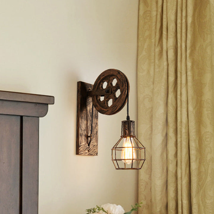 BowLift | Spherical Wire Cage Foyer Wall Lamp Rustic Iron 1-Light Bedroom Wall Mount Lamp with Pulley