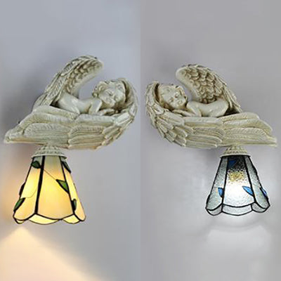 BowLift | Leaf wall lighting with resin sleeping angel country house style stained glass 1-head wall lamp light in clear/beige