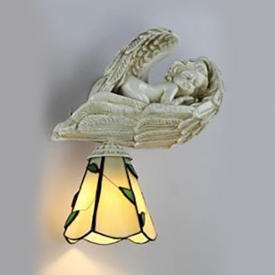 BowLift | Leaf wall lighting with resin sleeping angel country house style stained glass 1-head wall lamp light in clear/beige