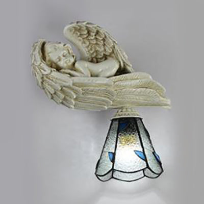 BowLift | Leaf wall lighting with resin sleeping angel country house style stained glass 1-head wall lamp light in clear/beige