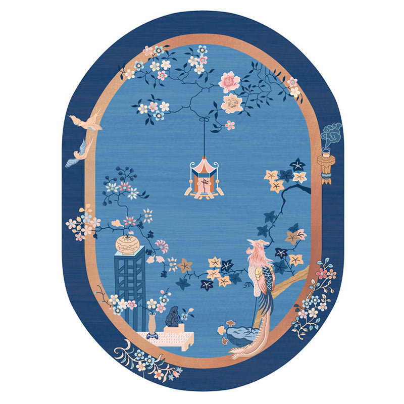 BowLift | Blue Flower Printed Rug Cotton Blend Vintage Rug with Non-Slip Backing Stain-Resistant Indoor Rug for Bedroom