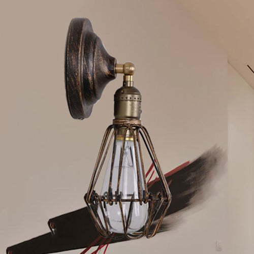 BowLift | 1 Light Bulb Wire Cage Wall Light Country House Style Stylish Antique Brass Wrought Iron Wall Light Lighting for Restaurant