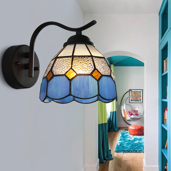 BowLift | Mediterranean Dome Wall Lighting with Curved Arm Colored Glass 1 Light Sconces in White/Clear