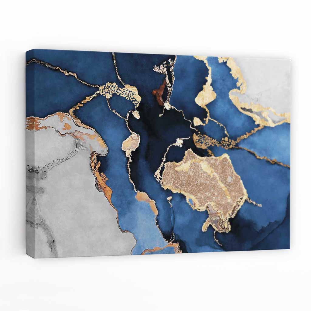 Abstract Navy Blue, Gray and Gold Canvas Art Print | Bowlift