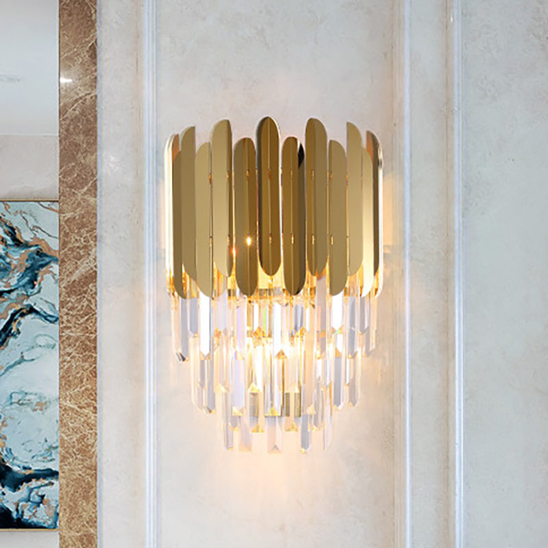 BowLift | Stacked Wall Light Modernist Metal 1 Light Brass Wall Lamp with Clear Crystal Block for Nightstand