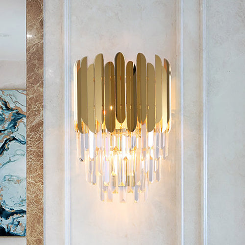 BowLift | Stacked Wall Light Modernist Metal 1 Light Brass Wall Lamp with Clear Crystal Block for Nightstand