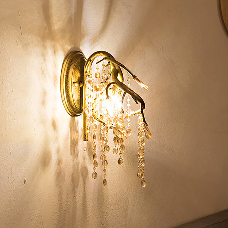 BowLift | Branching Wall-Mounted Lighting Vintage Metal 1 Bulb Brass Finish Wall Light with Amber Crystal Bead Accent