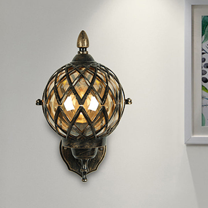 BowLift | 1 Light Amber Glass Wall Lamp Light Industrial Black Ball Dining Room Lighting Fixture with Cage
