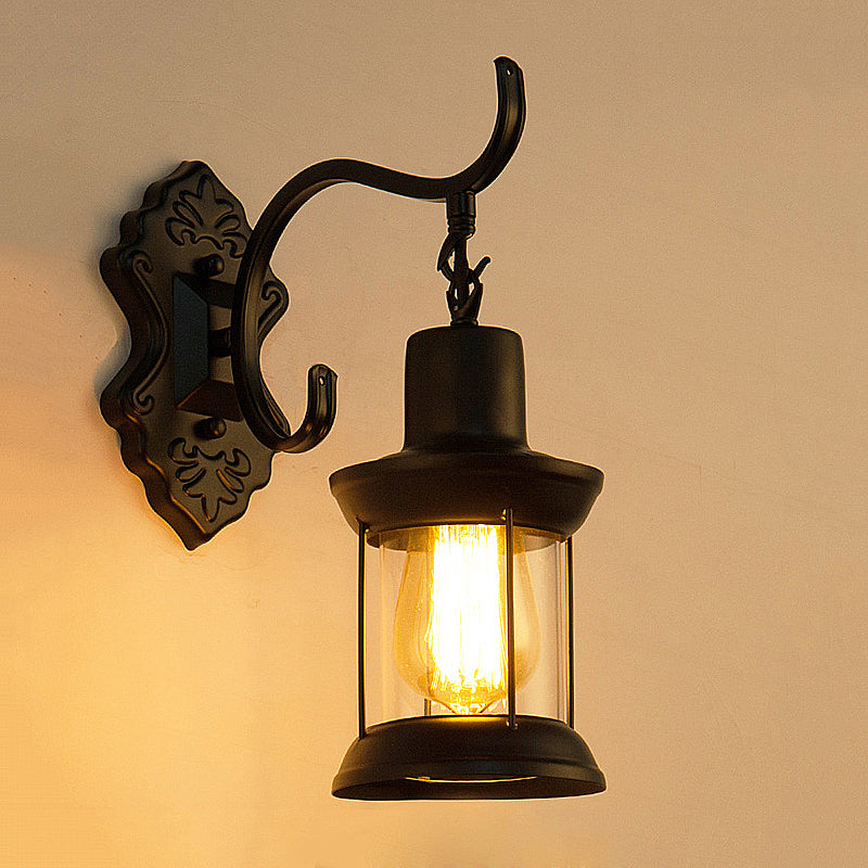 BowLift | Lantern Clear Glass Wall Mounted Lamp Vintage Single Bulb Outdoor Wall Light in Black with Carved Pattern