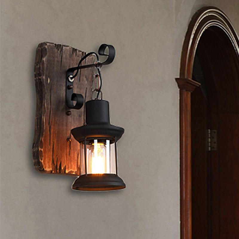 BowLift | Black One-Light Wall Sconce Rustic Clear Glass with Grid Lighting and Wood Back Panel