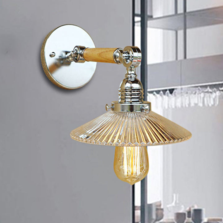 BowLift | 1 Light Clear Ribbed Glass Wall Sconce Light Industrial Chrome Cone Living Room Lighting Fixture, 8"/4"/6" Width Wood Arm