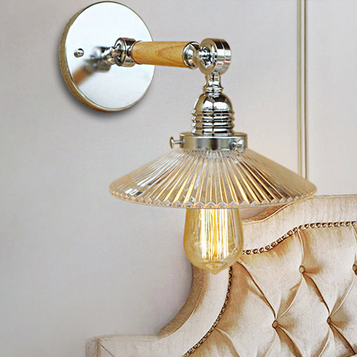 BowLift | 1 Light Clear Ribbed Glass Wall Sconce Light Industrial Chrome Cone Living Room Lighting Fixture, 8"/4"/6" Width Wood Arm