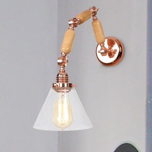 BowLift | A Pear Clear Glass Wall Light Industrial Gold Cone Living Room Wall Light with Curved Arm
