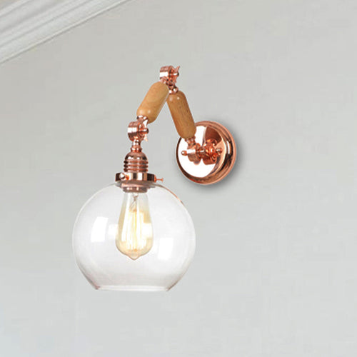 BowLift | 1 Bulb Globe Wall Mounted Light Fixture Rustic Rose Gold Clear Glass Lighting with Retractable Arm