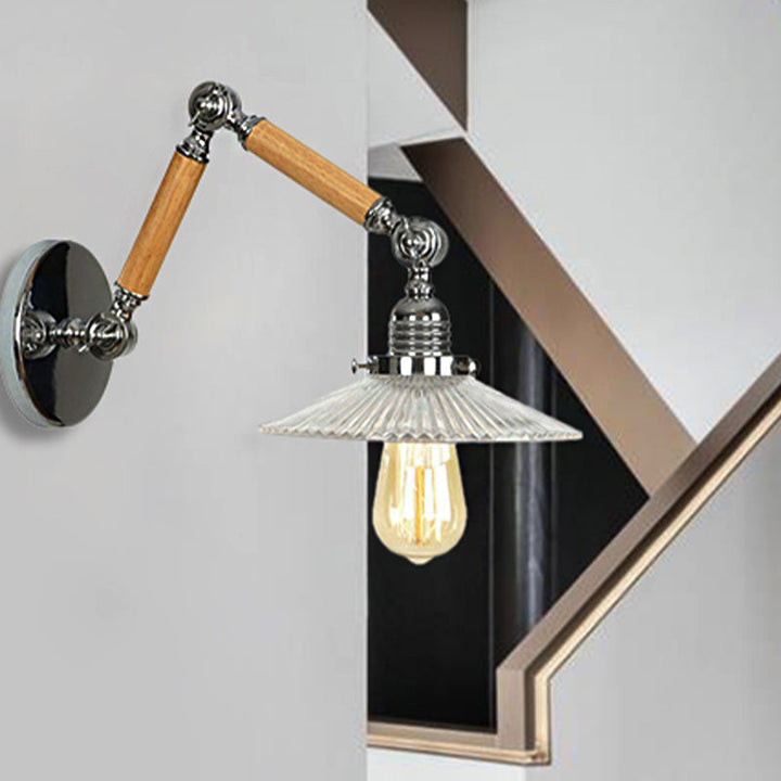 BowLift | A light wall lamp with bowl shade ribbed glass vintage study wall light with 8"+8"/6"+6"/8"+4" extendable wooden arm