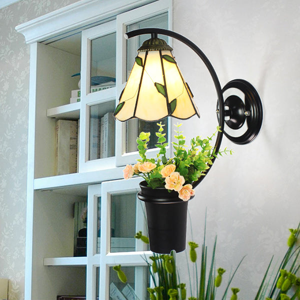 BowLift | Lily Wall Lamp Tiffany Beige/Clear Glass 1 Head Black Sconces Lighting with Flower Decoration