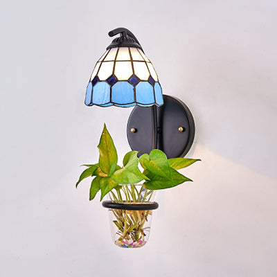 BowLift | 1 Head Grid Pattern Wall Mount Light Tiffany Yellow/Orange/Clear Mosaic Glass Wall Lamp with Plant Decoration