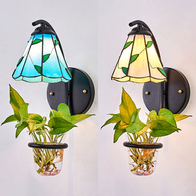 BowLift | Cone Wall Light 1 Head Beige/Blue Glass Tiffany Wall Light with Plant Decoration