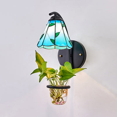 BowLift | Cone Wall Light 1 Head Beige/Blue Glass Tiffany Wall Light with Plant Decoration