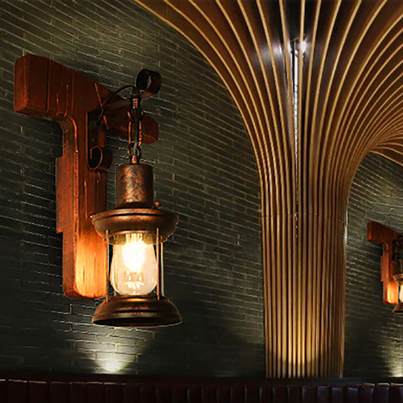 BowLift | Rust One-Light Wall Light Coastal Clear Glass Lantern Lighting Fixture with Wood Back Plate