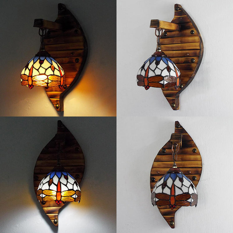 BowLift | Vintage Arched Wall Lamp Stained Glass 1 Light Hanging Wall Light with Dragonfly Pattern in Purple/Blue