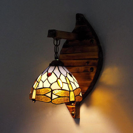 BowLift | Vintage Arched Wall Lamp Stained Glass 1 Light Hanging Wall Light with Dragonfly Pattern in Purple/Blue