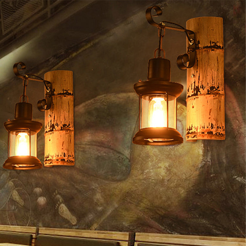 BowLift | A wall lamp with a clear glass lantern in industrial style, wall lamp for the dining room in black with a bamboo backplate