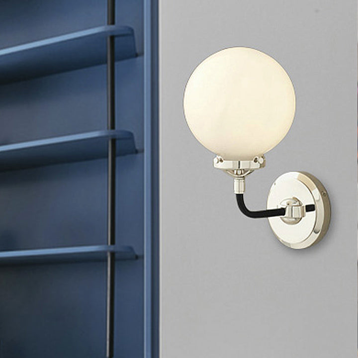 BowLift | Modern Globe Shade Wall Lamp Fixture 1/2-Bulb Opal Glass Sconce Light in Antique Brass/Chrome