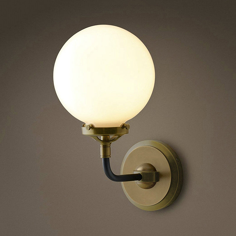 BowLift | Modern Globe Shade Wall Lamp Fixture 1/2-Bulb Opal Glass Sconce Light in Antique Brass/Chrome