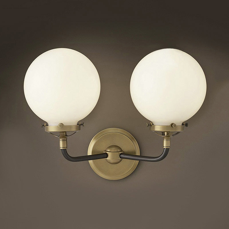 BowLift | Modern Globe Shade Wall Lamp Fixture 1/2-Bulb Opal Glass Sconce Light in Antique Brass/Chrome