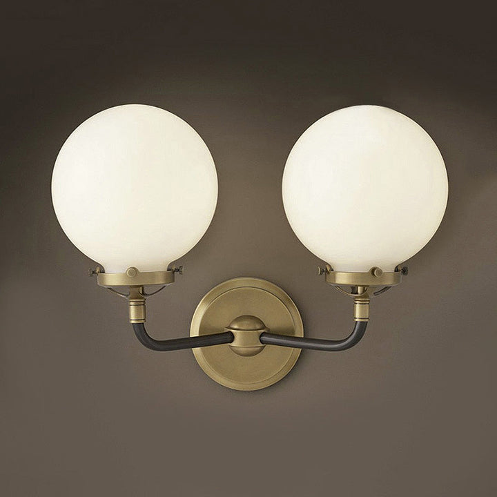 BowLift | Modern Globe Shade Wall Lamp Fixture 1/2-Bulb Opal Glass Sconce Light in Antique Brass/Chrome