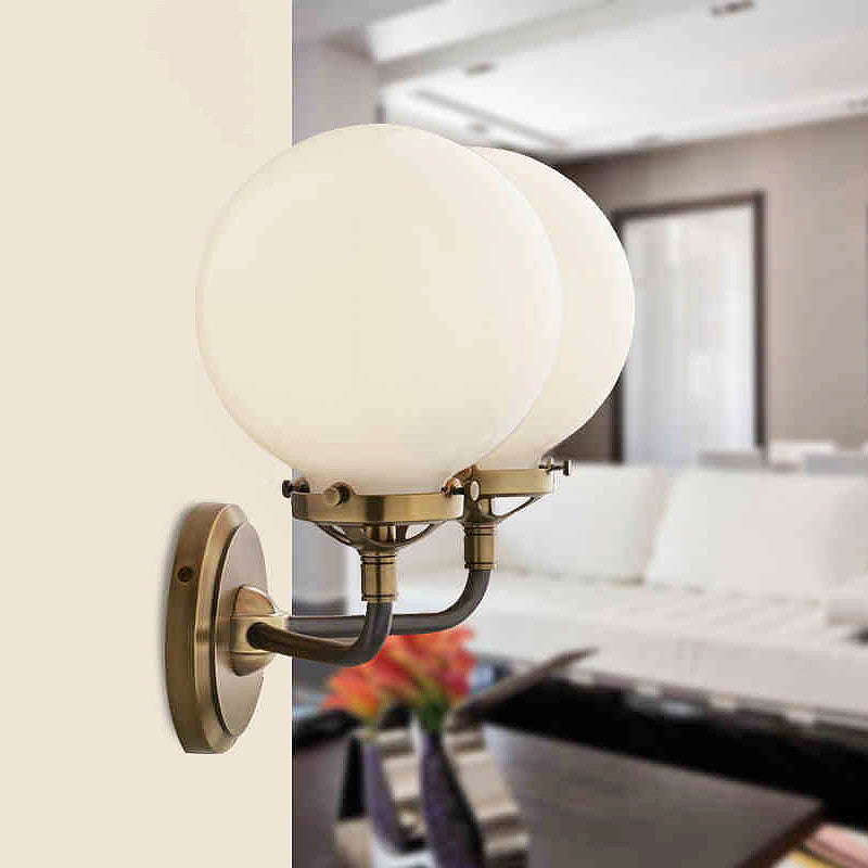 BowLift | Modern Globe Shade Wall Lamp Fixture 1/2-Bulb Opal Glass Sconce Light in Antique Brass/Chrome
