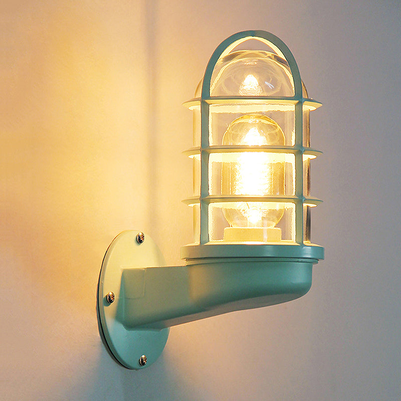 BowLift | Cylinder Clear Glass Wall Mounted Lamp Industrial Single Bulb Living Room Wall Light in Pink/Blue/Green with Cage